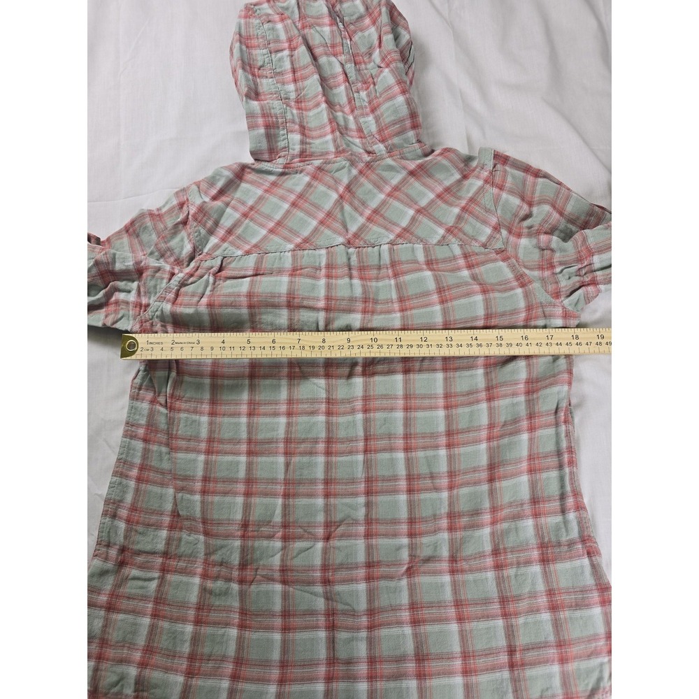 Columbia Shirt Womens Medium Green Plaid Hooded Button Up Roll Tab Long Sleeve - Picture 7 of 10